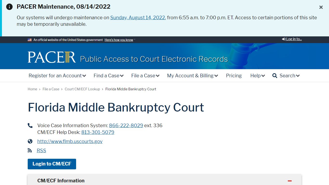 Florida Middle Bankruptcy Court | PACER: Federal Court Records